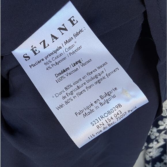 Sézane Ilona Navy Floral Print Embroidered V-neck Mini Dress, size 40/L - Picture 10 of 11